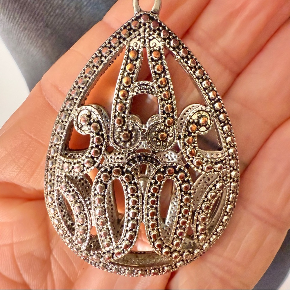 Silver Toned Necklace Teardrop Birdcage Pendant Reddish Hue Rhinestones Filagree - Picture 4 of 8